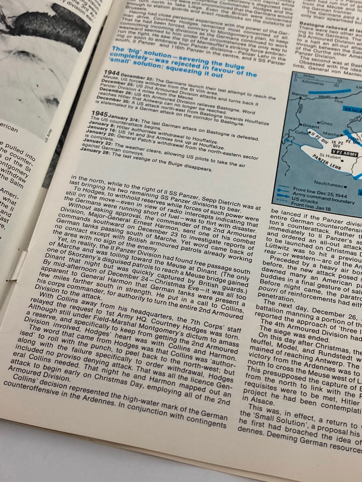 Detailed article page from 'History of the Second World War Part 81 1974 The Allies Hit Back No Label', discussing the Battle of the Bulge and military strategies.