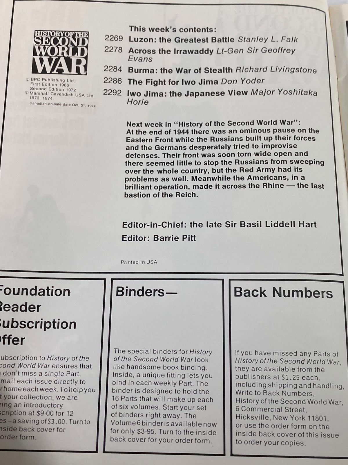 Inside page contents of the vintage magazine 'History of the Second World War Part 82: Iwo Jima The Bloodiest Fight', detailing upcoming articles about World War II.