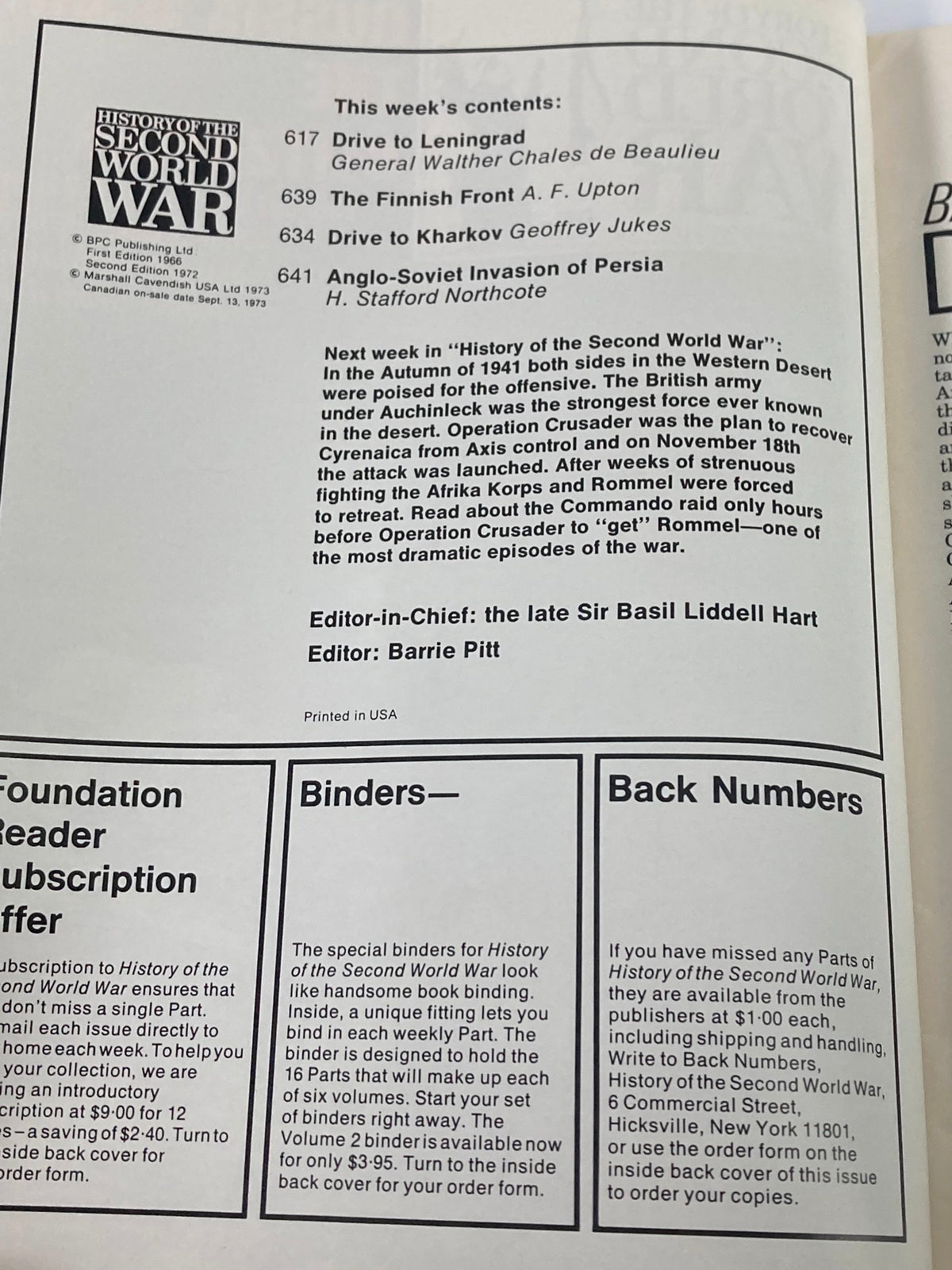 Contents page of the vintage magazine 'History of the Second World War, Part 23 - 1973' listing articles on significant military engagements including the Drive to Leningrad.