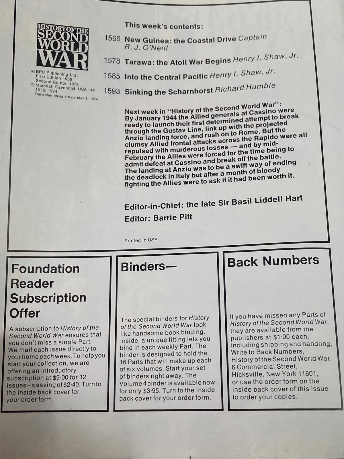 Inside page of the vintage magazine 'History of the Second World War Part 57' detailing contents, including articles on New Guinea and Tarawa, published in 1974.