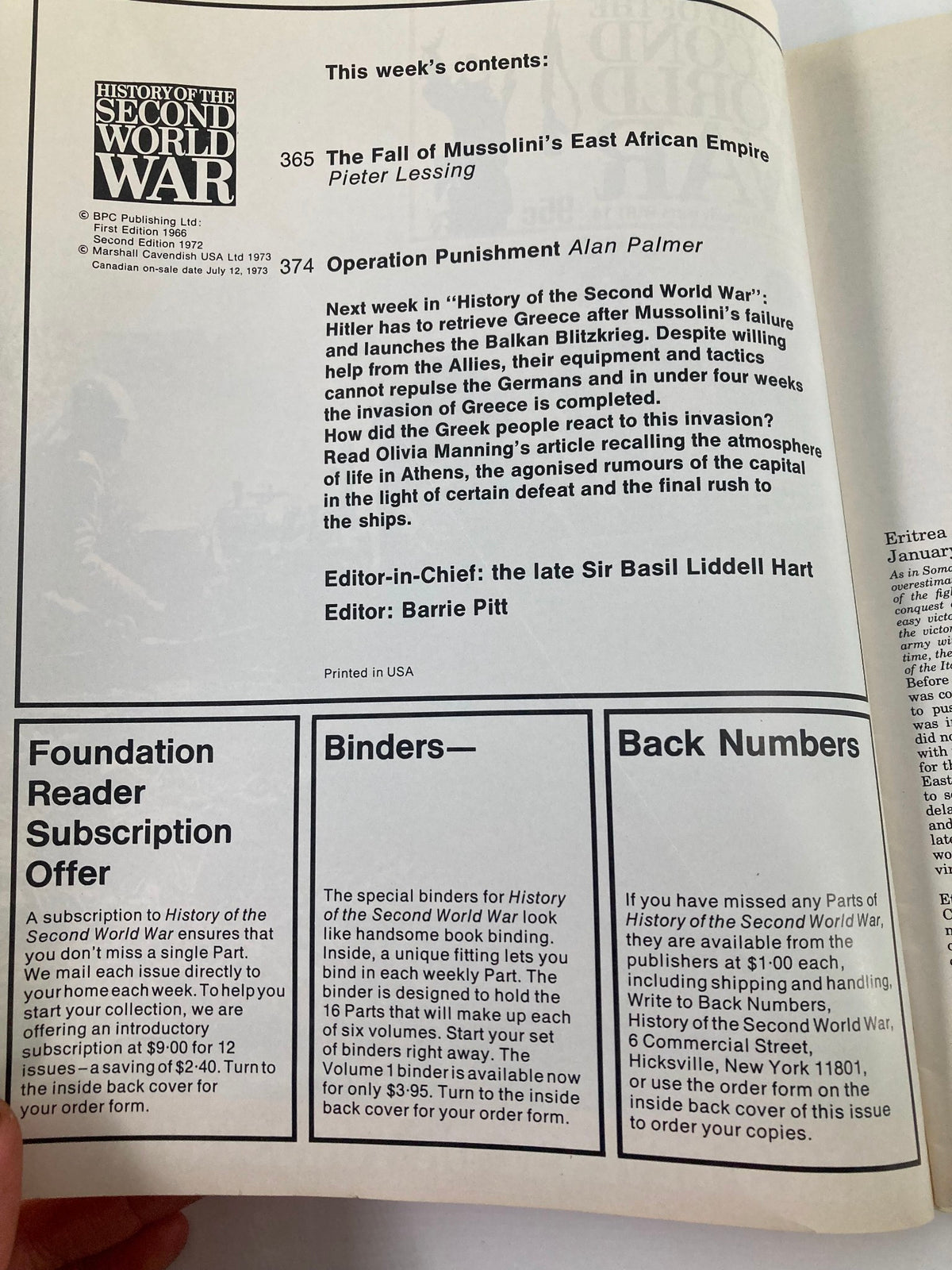 Interior page of the vintage magazine 'History of the Second World War Part 14 1973 The Fall of Mussolini's Empire', displaying contents including articles about Mussolini's East African Empire and Operation Punishment, along with subscription offers and bookbinding options for collectors.