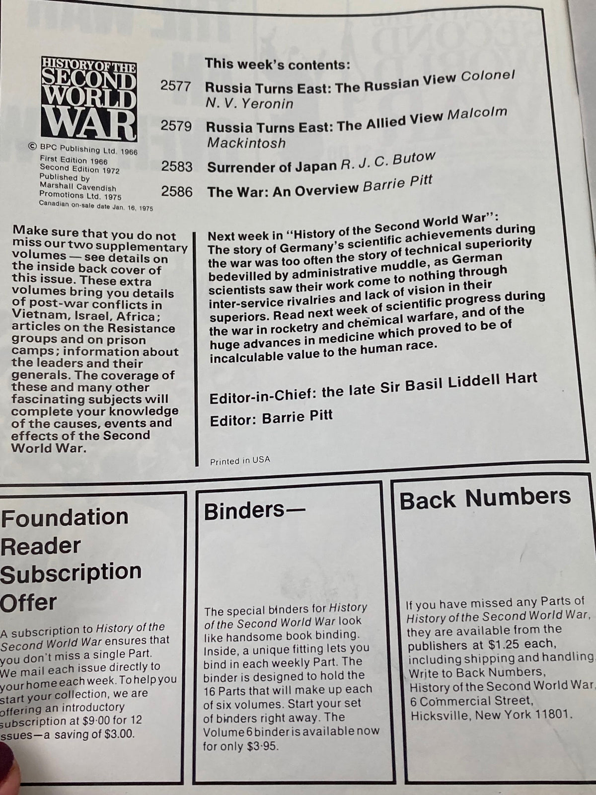 Page from the vintage magazine 'History of the Second World War Part 93 1975 The War An Overview' featuring contents and subscription offer.