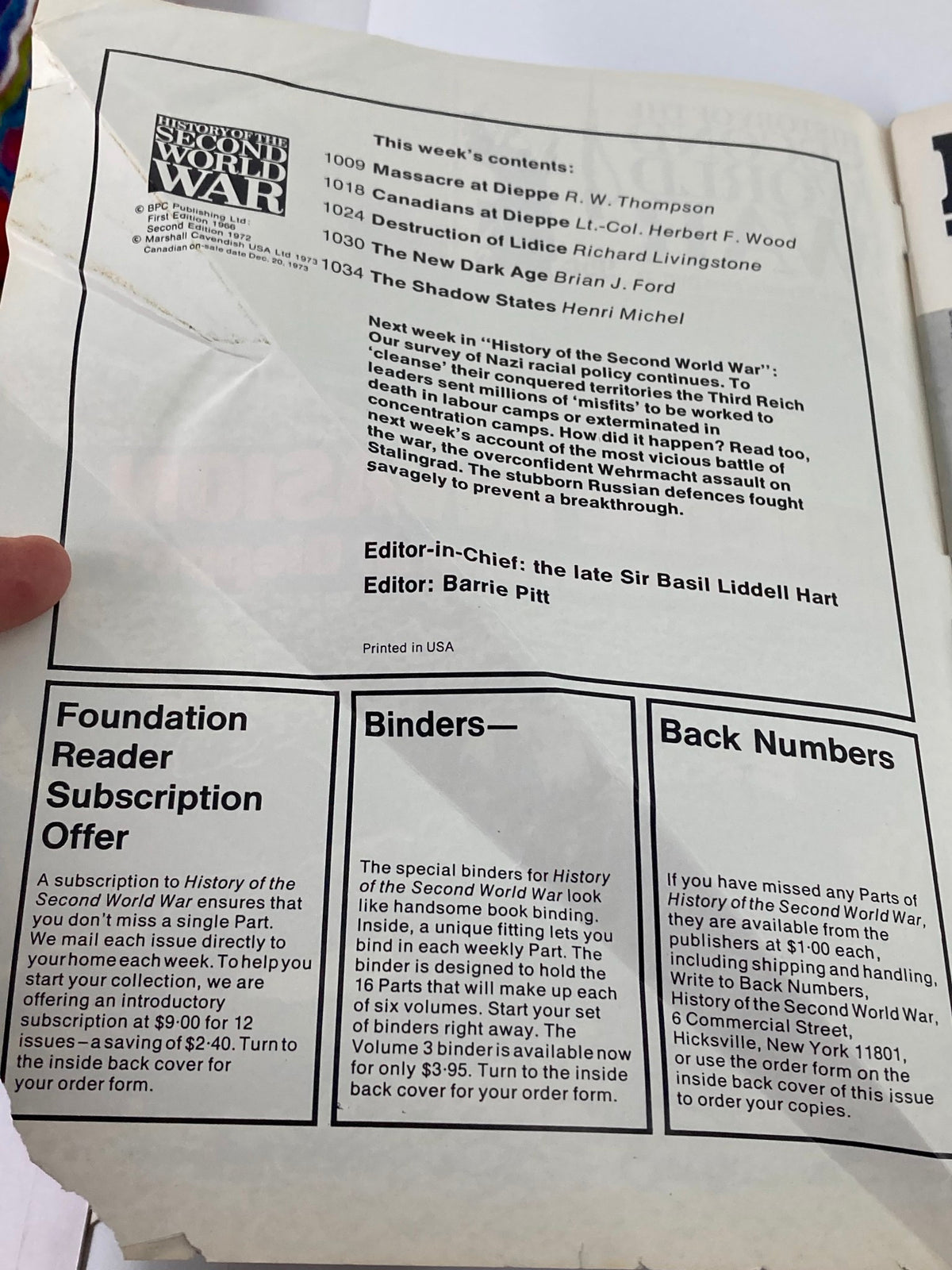 Inside page of 'VTG History of the Second World War Part 37' outlining the week's contents and subscription offer, emphasizing historical details of the publication.