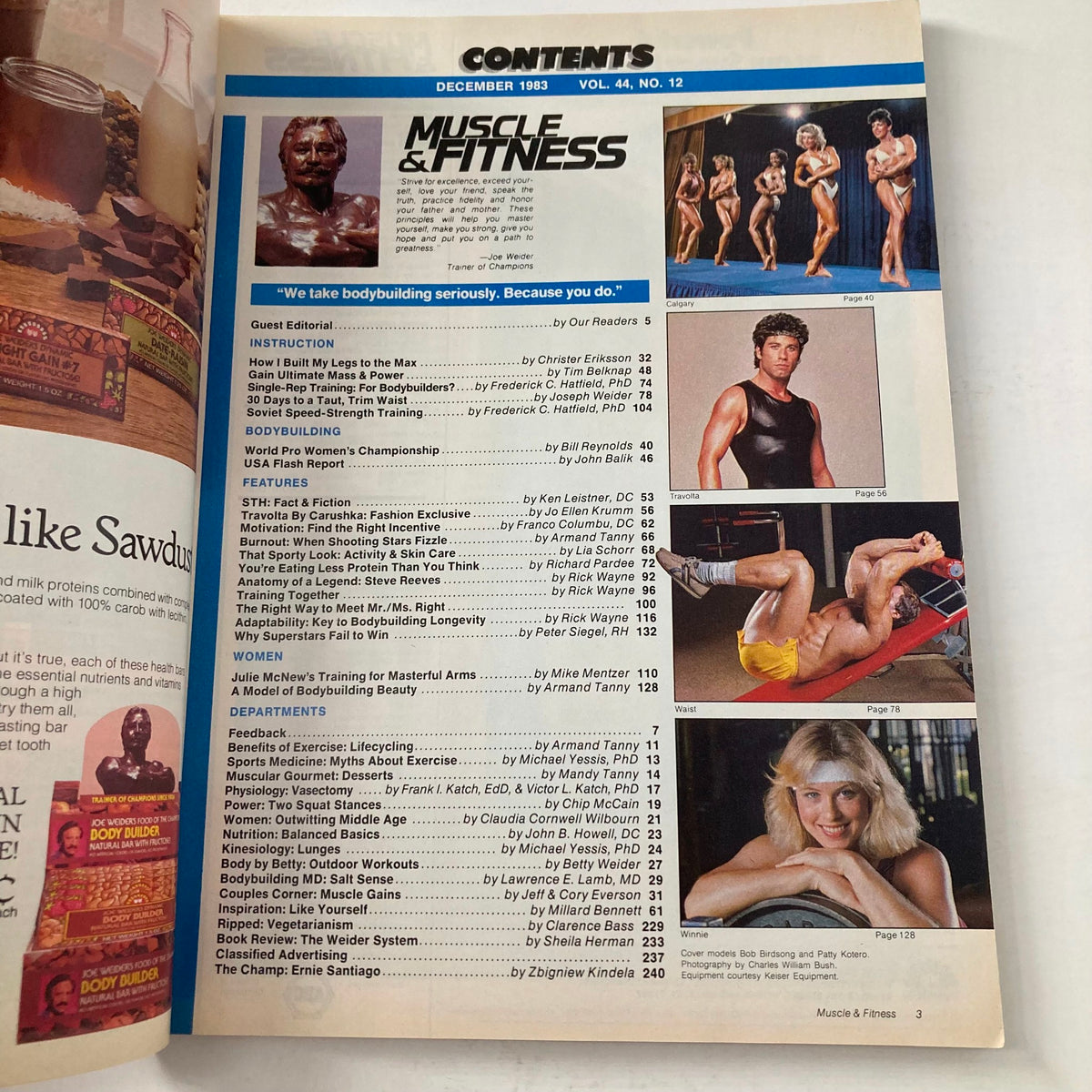 Contents page of Joe Weider's Muscle & Fitness Magazine December 1983 showcasing articles and features on bodybuilding, women in fitness, and nutrition.