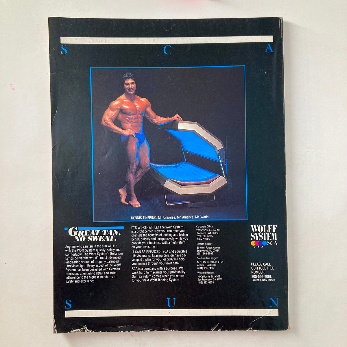 Back cover of Joe Weider's Muscle & Fitness Magazine December 1983 featuring Dennis Tinerino, Mr. Universe, Mr. America, and Mr. World promoting the Wolff tanning system.