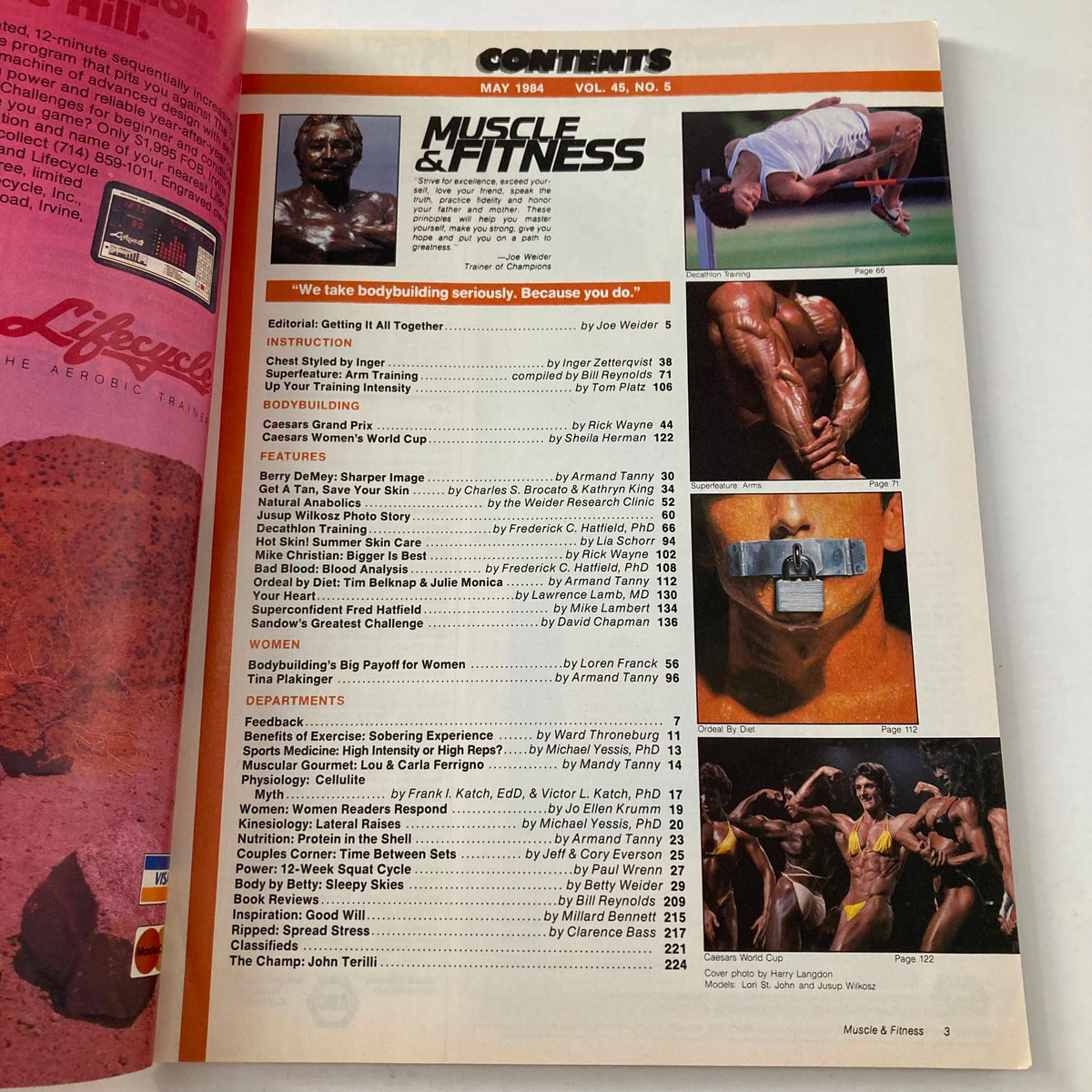 Contents page of Joe Weider's Muscle & Fitness Magazine May 1984 featuring articles on bodybuilding, health tips, and photography of bodybuilders. Includes contributions from fitness icons and showcases various fitness topics.