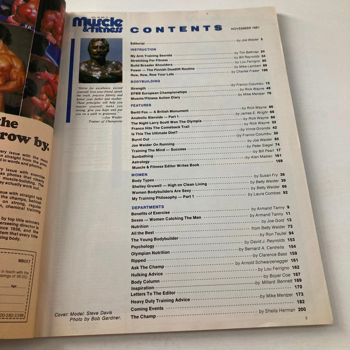 Table of contents from Joe Weider's Muscle & Fitness Magazine November 1981 showcasing articles on bodybuilding, fitness instruction, and training techniques.