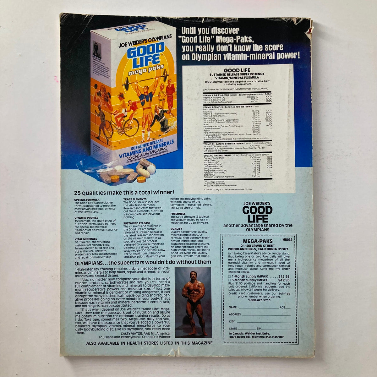Back cover of Joe Weider's Muscle & Fitness Magazine November 1981 advertising Olympian nutritional supplements and vitamins.