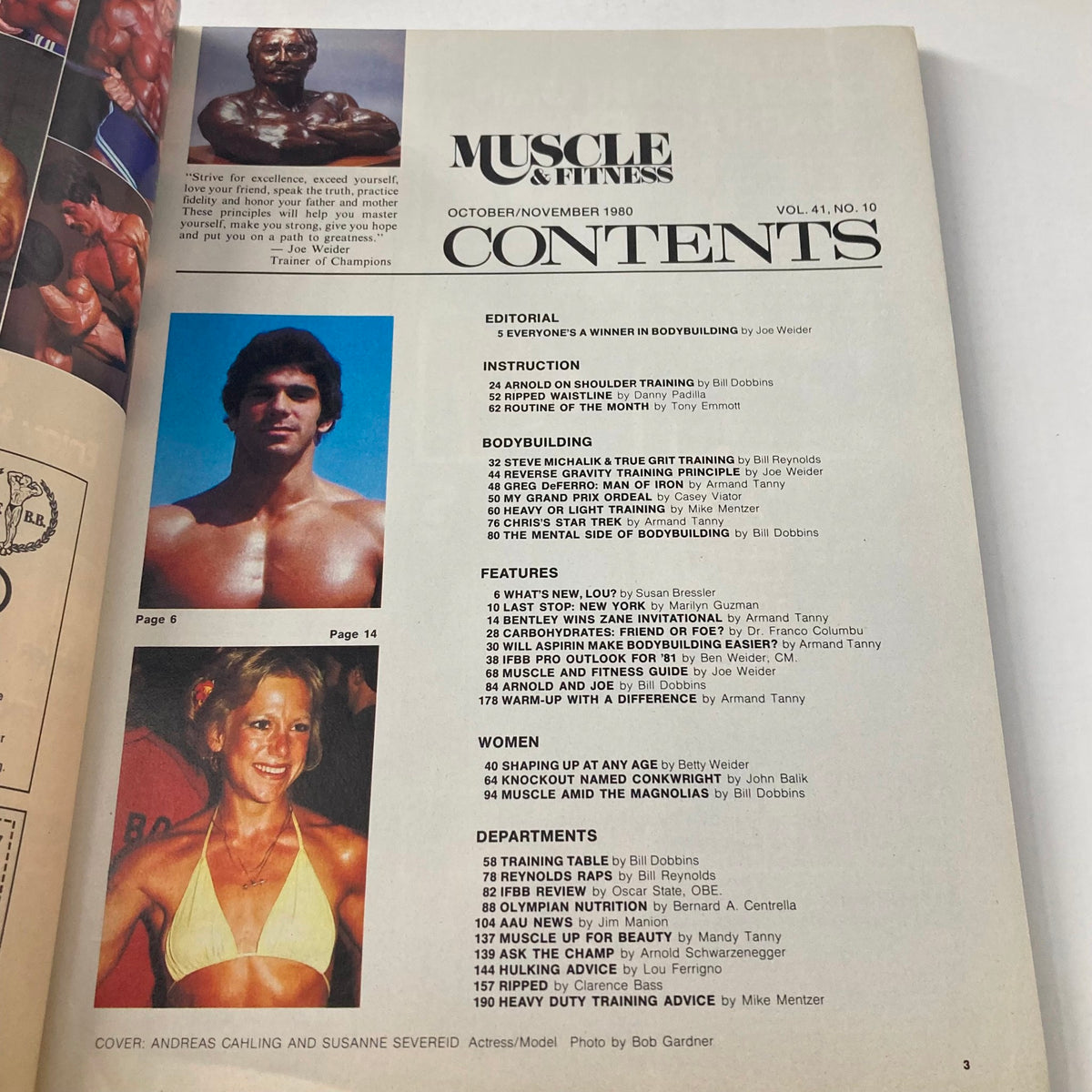 Contents page of Muscle & Fitness Magazine November 1980 showcasing articles on bodybuilding, training, and fitness tips, featuring Andreas Cahling and Susanne Severeid.