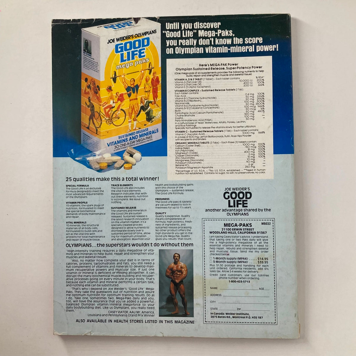Back cover of Muscle & Fitness Magazine November 1980 advertising Joe Weider's Good Life Mega-Paks, highlighting nutritional supplements for fitness enthusiasts.