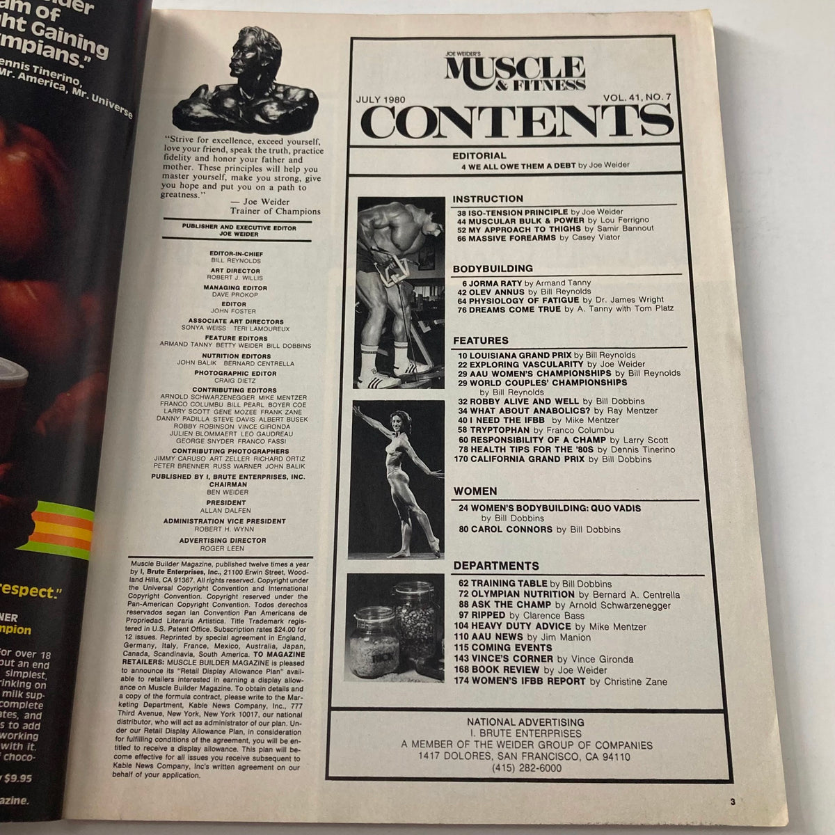 Contents page of Joe Weider's Muscle & Fitness Magazine, July 1980, showcasing articles on bodybuilding and fitness, featuring a statue of Joe Weider and a muscular figure.