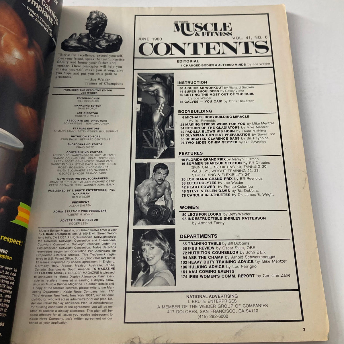 Contents page of Joe Weider's Muscle & Fitness Magazine June 1980 Right Now Summer Shape-Up, listing various articles and features related to bodybuilding and fitness.