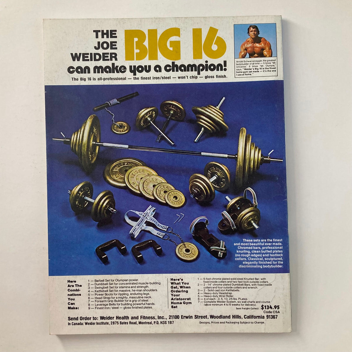 Advertisement for the Joe Weider Big 16 fitness equipment in Muscle & Fitness Magazine June 1980 Right Now Summer Shape-Up, showcasing various weights and gym accessories.