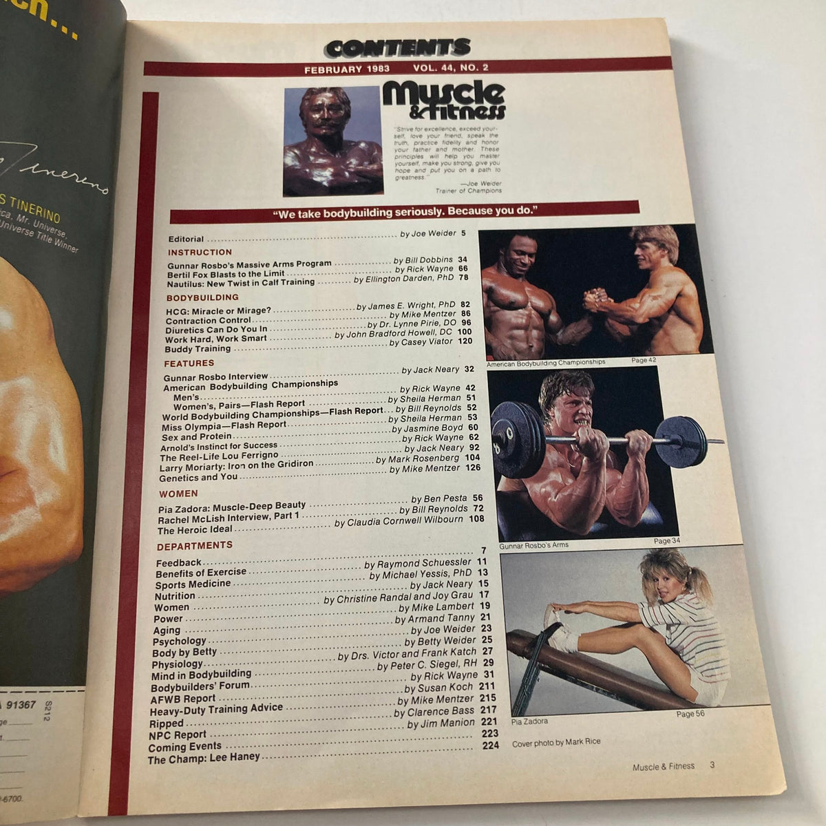 Contents page of Joe Weider's Muscle & Fitness Magazine February 1983 detailing articles on bodybuilding techniques, interviews, and fitness programs from influential figures.