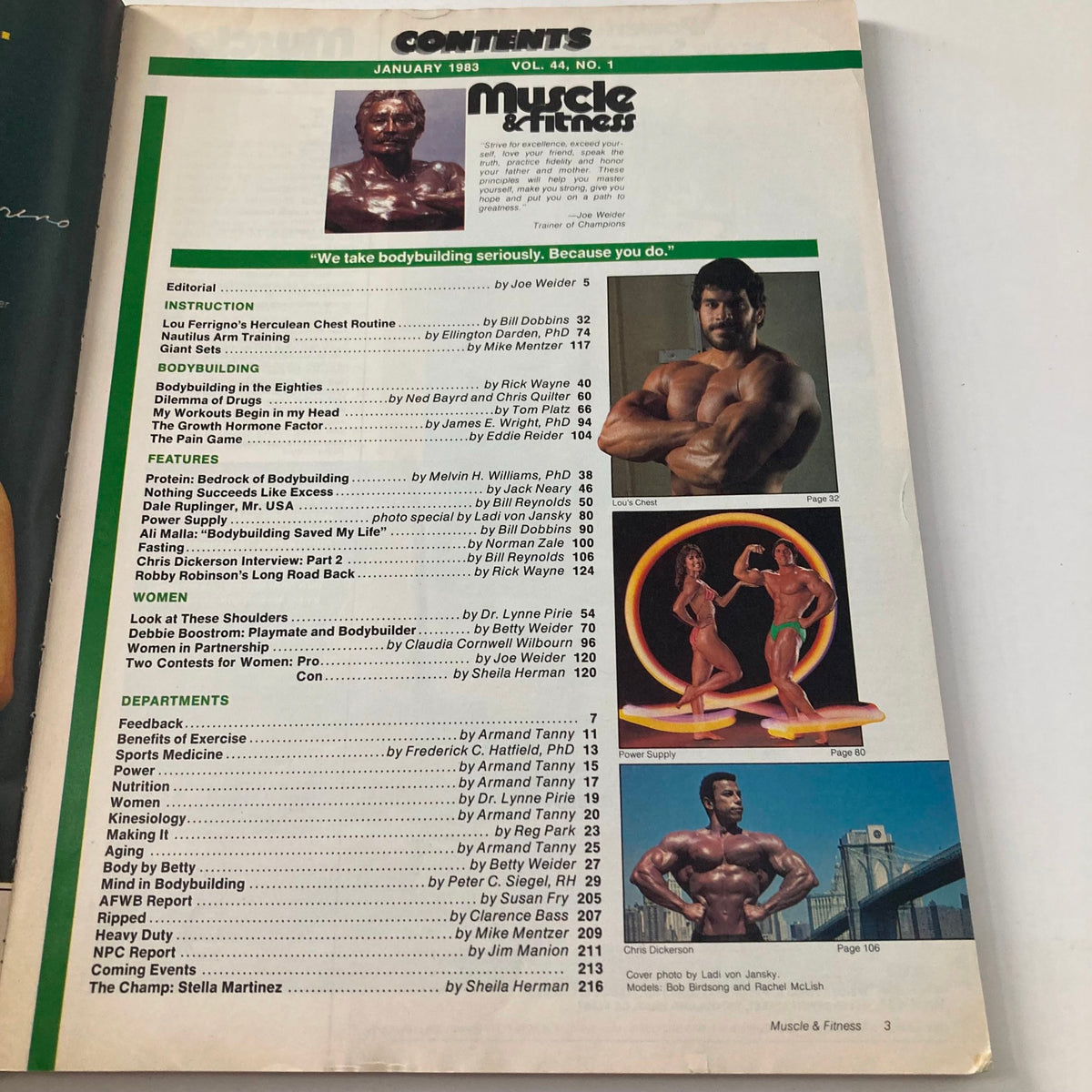 Contents page from Joe Weider's Muscle & Fitness Magazine January 1983. This page includes an editorial note and a list of featured articles, showcasing the magazine's focus on bodybuilding, fitness tips, and influential athletes.