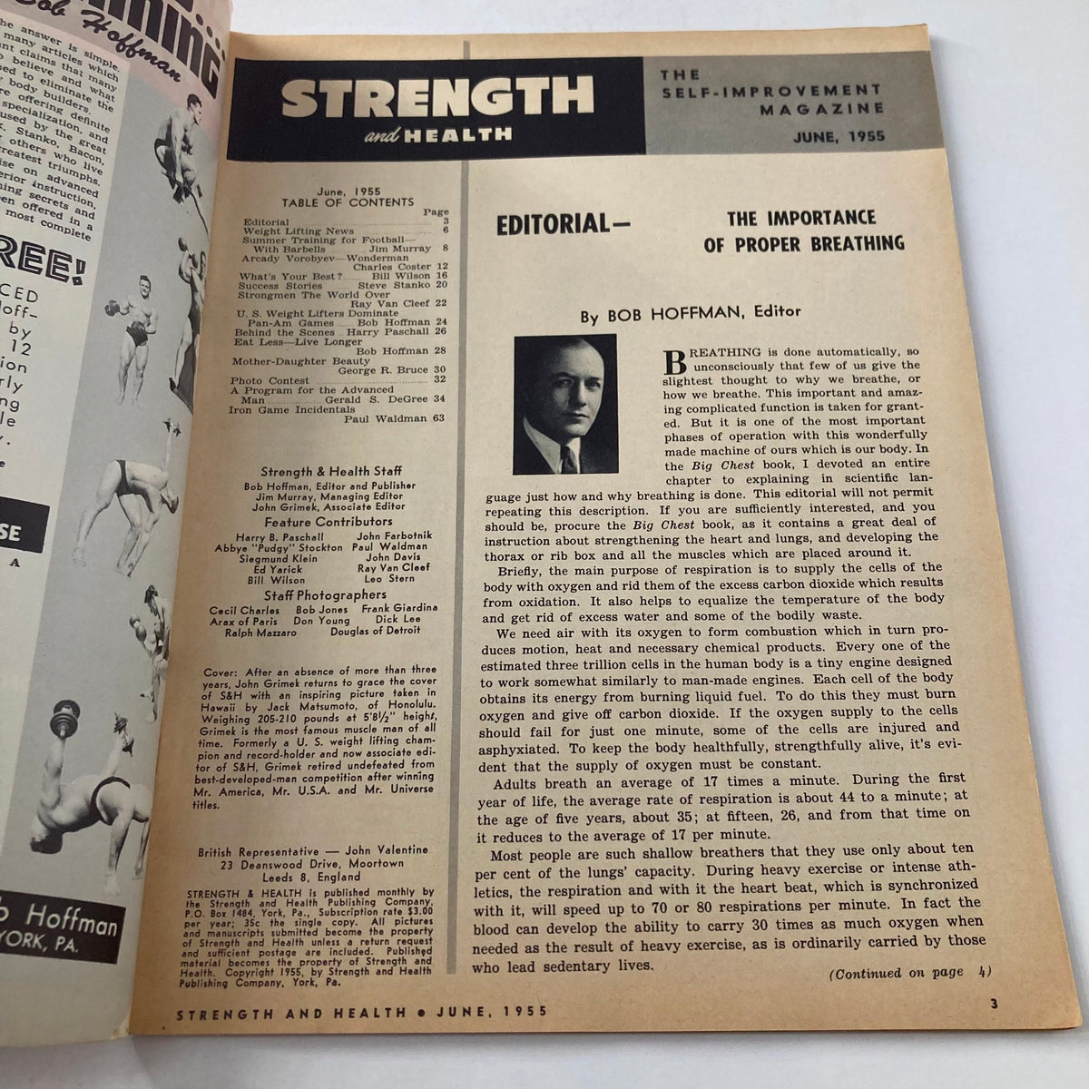 Inside page of the June 1955 VTG Strength & Health Magazine, containing the editorial section with a focus on the importance of proper breathing in fitness.