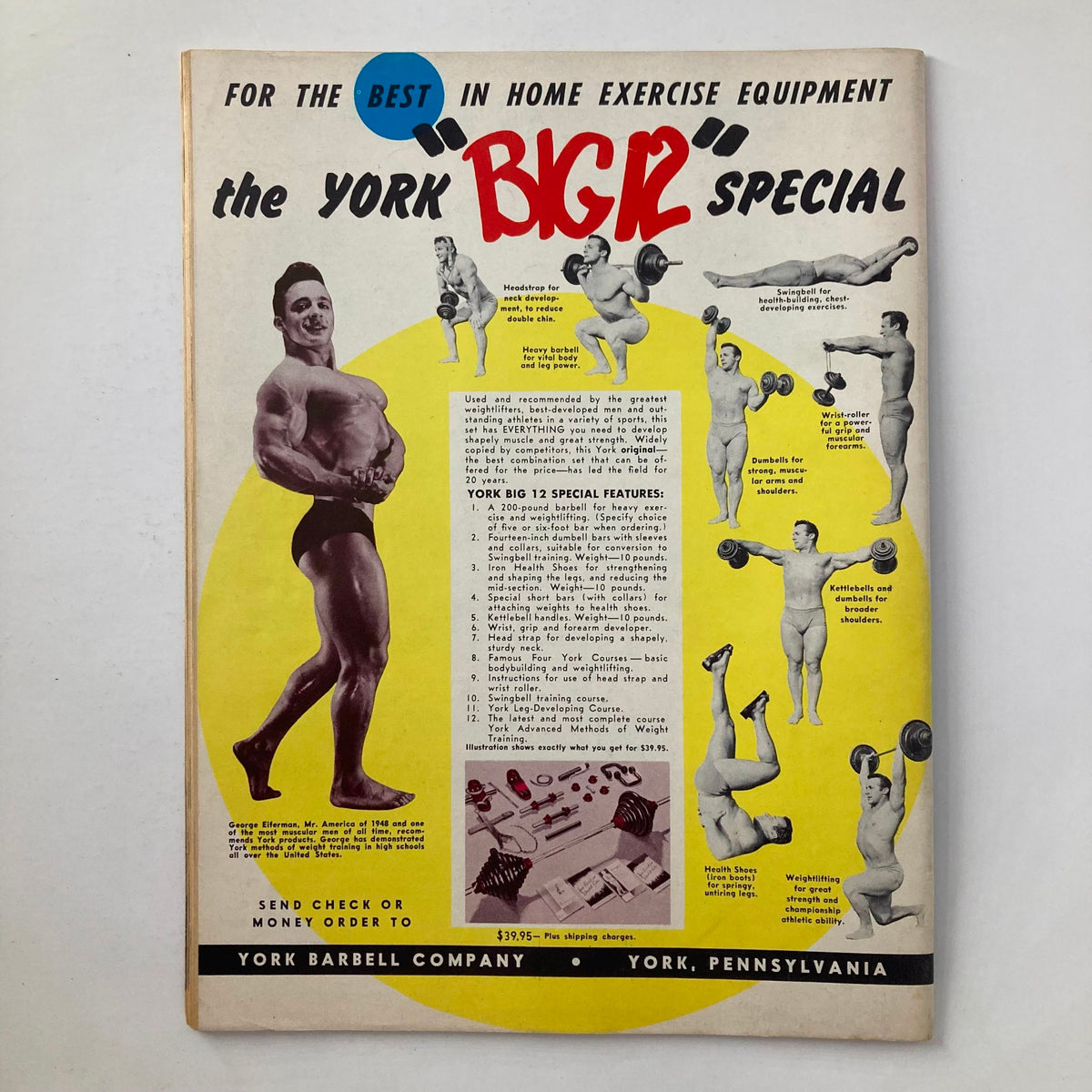 Back cover of the June 1955 VTG Strength & Health Magazine highlighting the York Big 2 special exercise equipment features with illustrations of workouts and weightlifting.