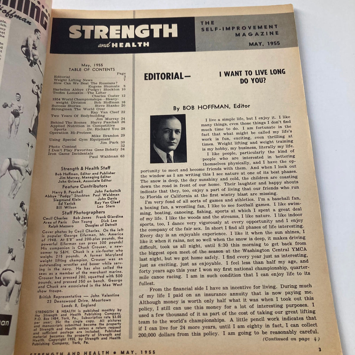 Contents page of VTG Strength & Health Magazine May 1955, featuring an editorial by Bob Hoffman.