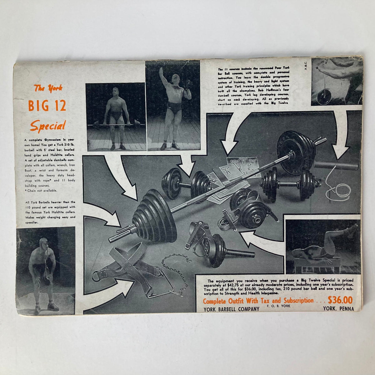 Back cover of Strength & Health Magazine September 1943 promoting the York Big 12 Special barbell set with images of weightlifting and fitness training.