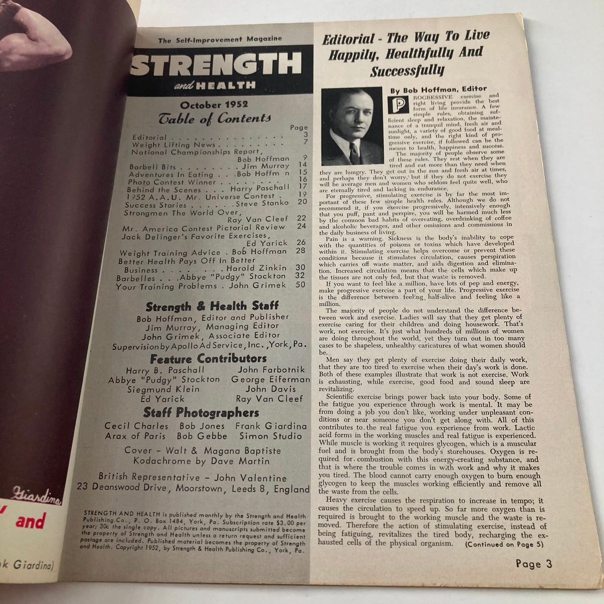 Table of contents page from the October 1952 issue of VTG Strength & Health Magazine, detailing articles and contributors.