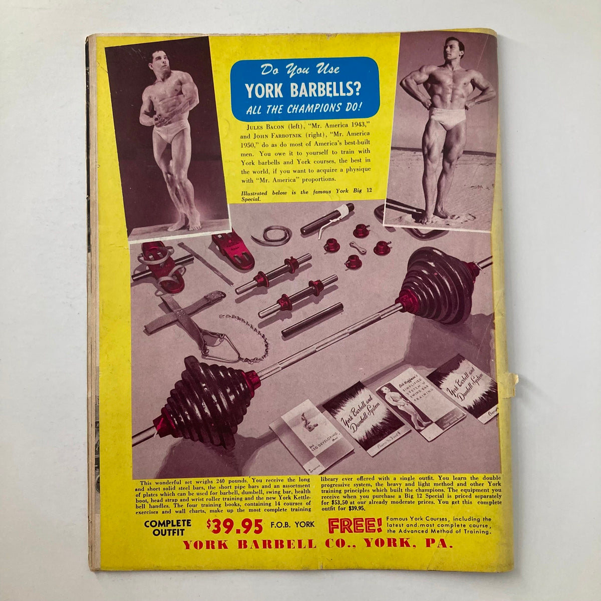 Back cover of VTG Strength & Health Magazine, October 1952, featuring an advertisement for York Barbells and showcasing fitness equipment.