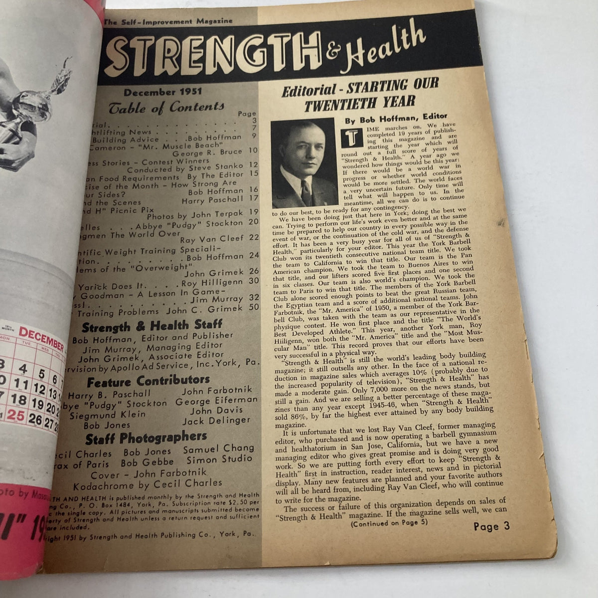 Table of contents page from VTG Strength & Health Magazine December 1951 detailing editorial content and contributor highlights.