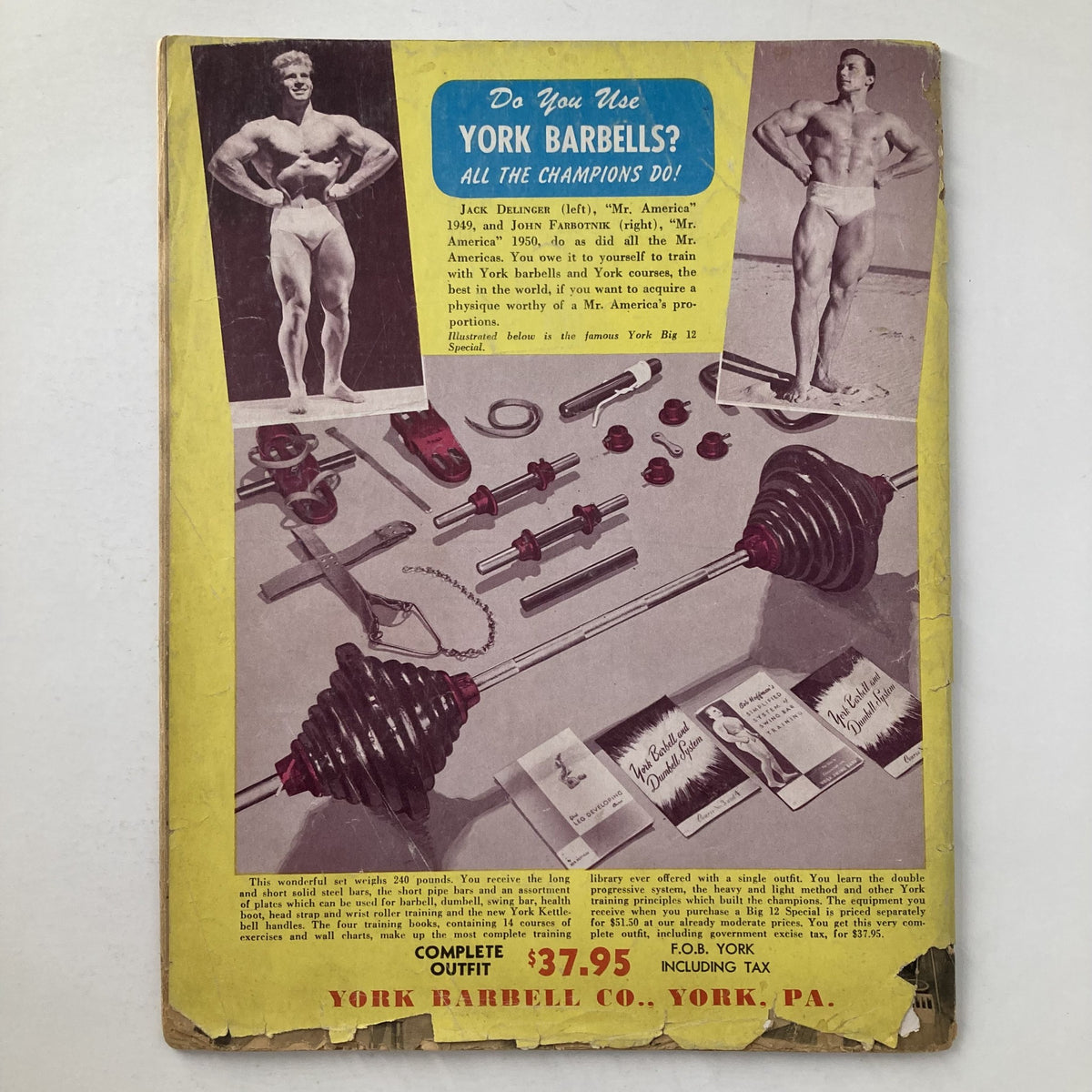 Back cover of VTG Strength & Health Magazine December 1951 advertising York Barbells, featuring images of bodybuilders and fitness equipment.