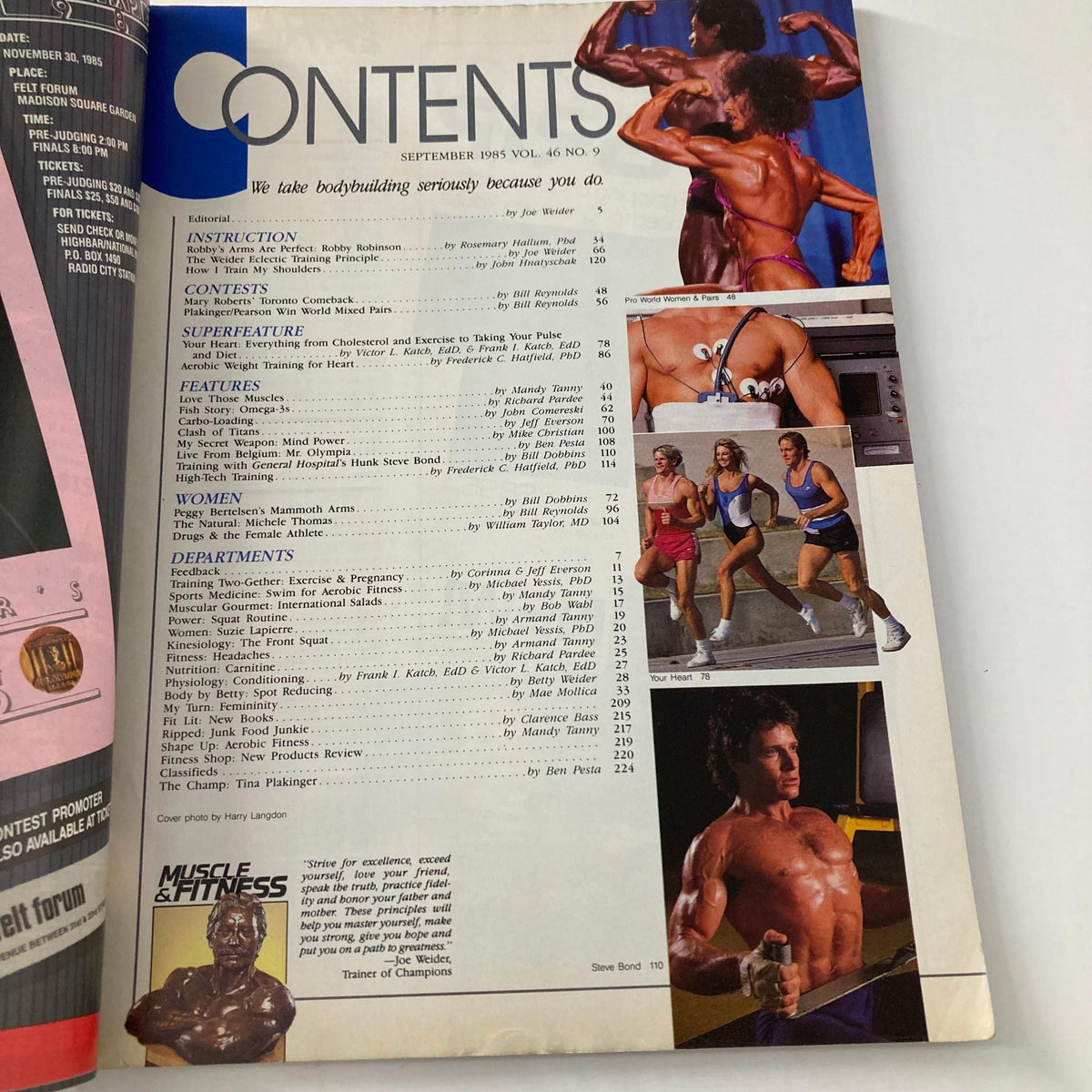 Contents page of Muscle & Fitness Magazine September 1985 showcasing various topics including bodybuilding techniques and fitness features.