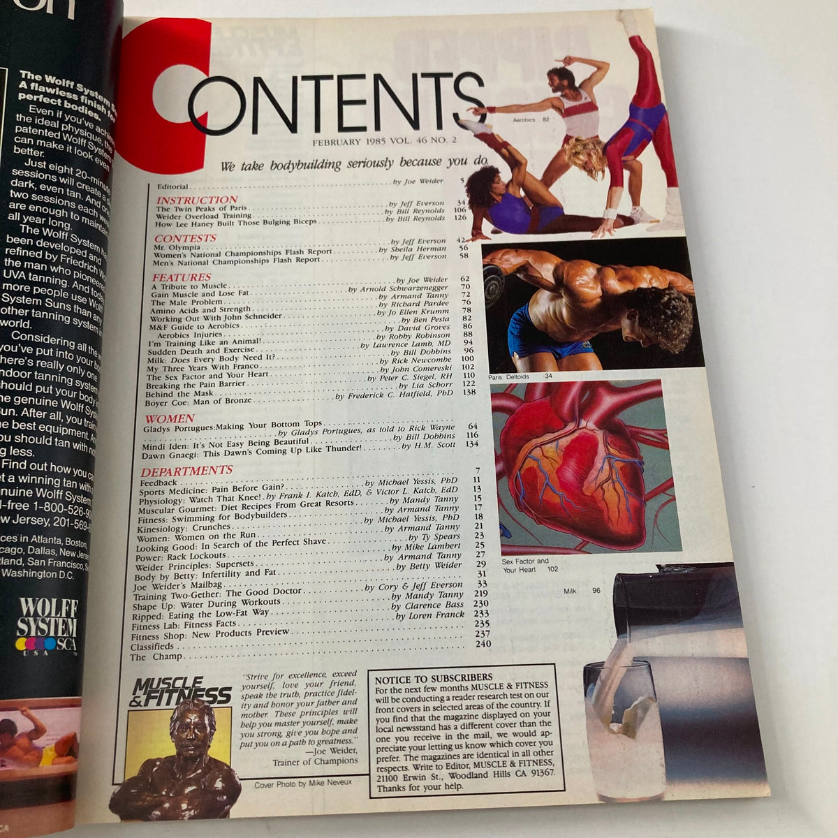 Contents page of Joe Weider's Muscle & Fitness Magazine February 1985, detailing features, contests, instruction, and articles focusing on bodybuilding, fitness routines, and nutritional advice.