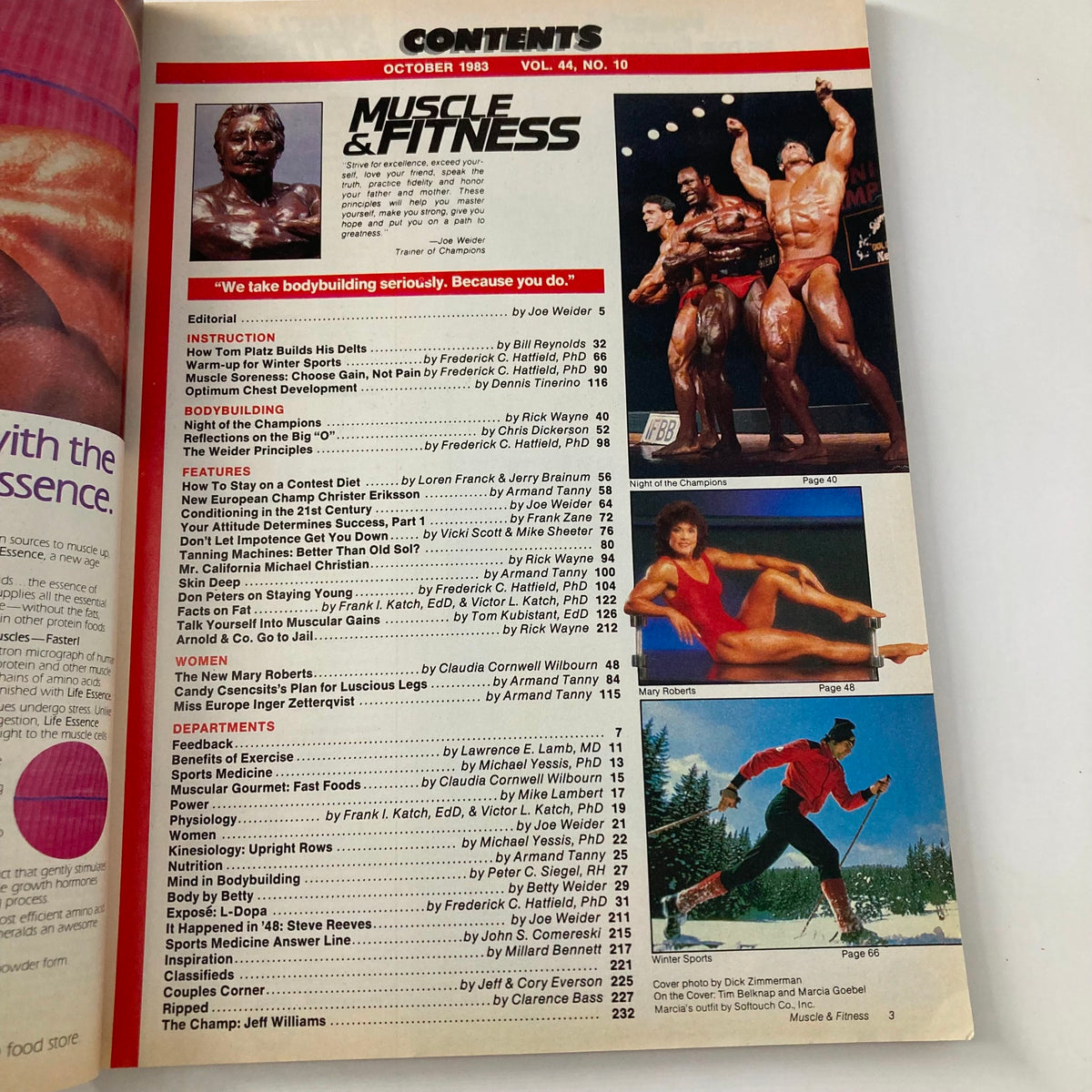 Contents page of Joe Weider's Muscle & Fitness Magazine - October 1983, listing articles and features related to bodybuilding and fitness.