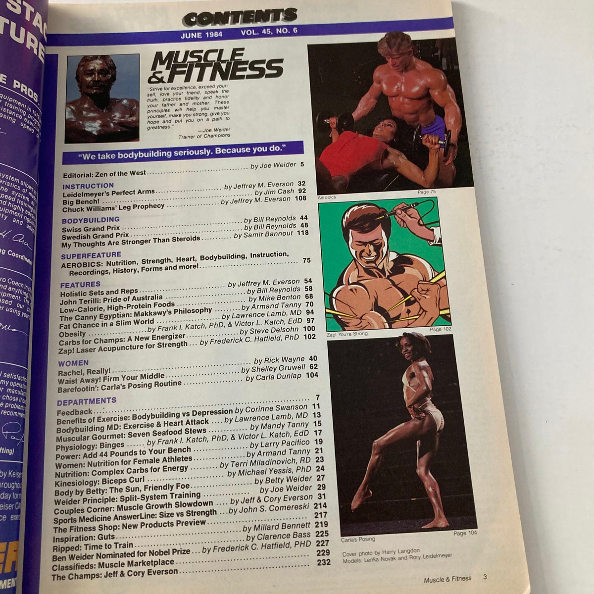 Table of contents from Joe Weider's Muscle & Fitness Magazine June 1984, showcasing articles on bodybuilding, fitness tips, and nutritional advice.