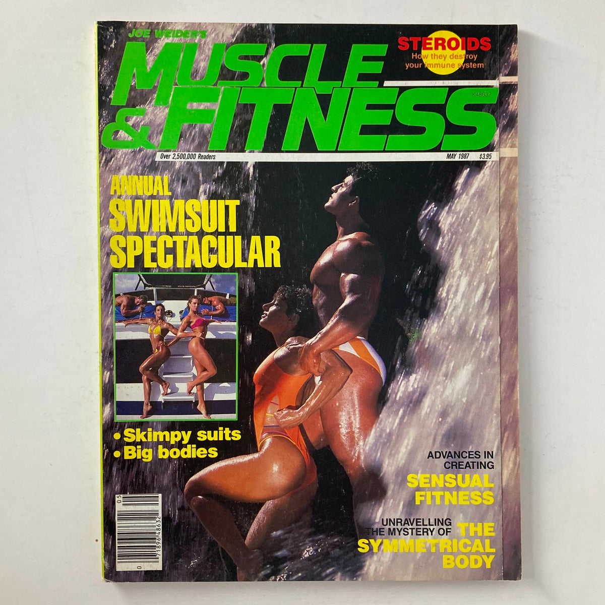 Cover of Joe Weider's Muscle & Fitness Magazine, May 1987, featuring an Annual Swimsuit Spectacular with models showcasing skimpy suits and big bodies against a waterfall backdrop.