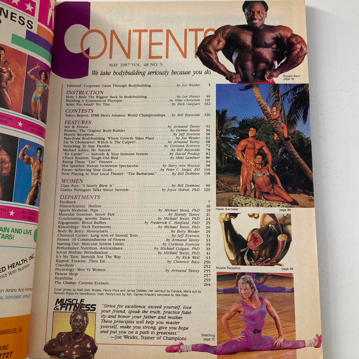 Contents page of Joe Weider's Muscle & Fitness Magazine May 1987, featuring articles and highlights on fitness, bodybuilding, and nutrition, including contributions from Penny Price and James DeMelo.