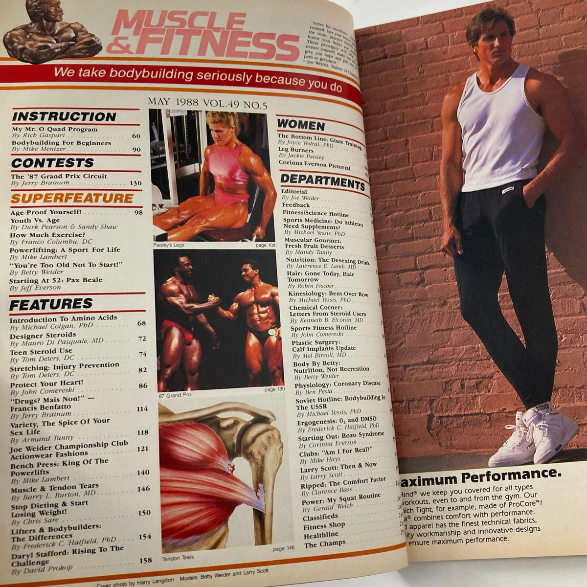 Inside page of Joe Weider's Muscle & Fitness Magazine from May 1988, highlighting articles and features on bodybuilding, workouts, and nutrition with a classic layout.