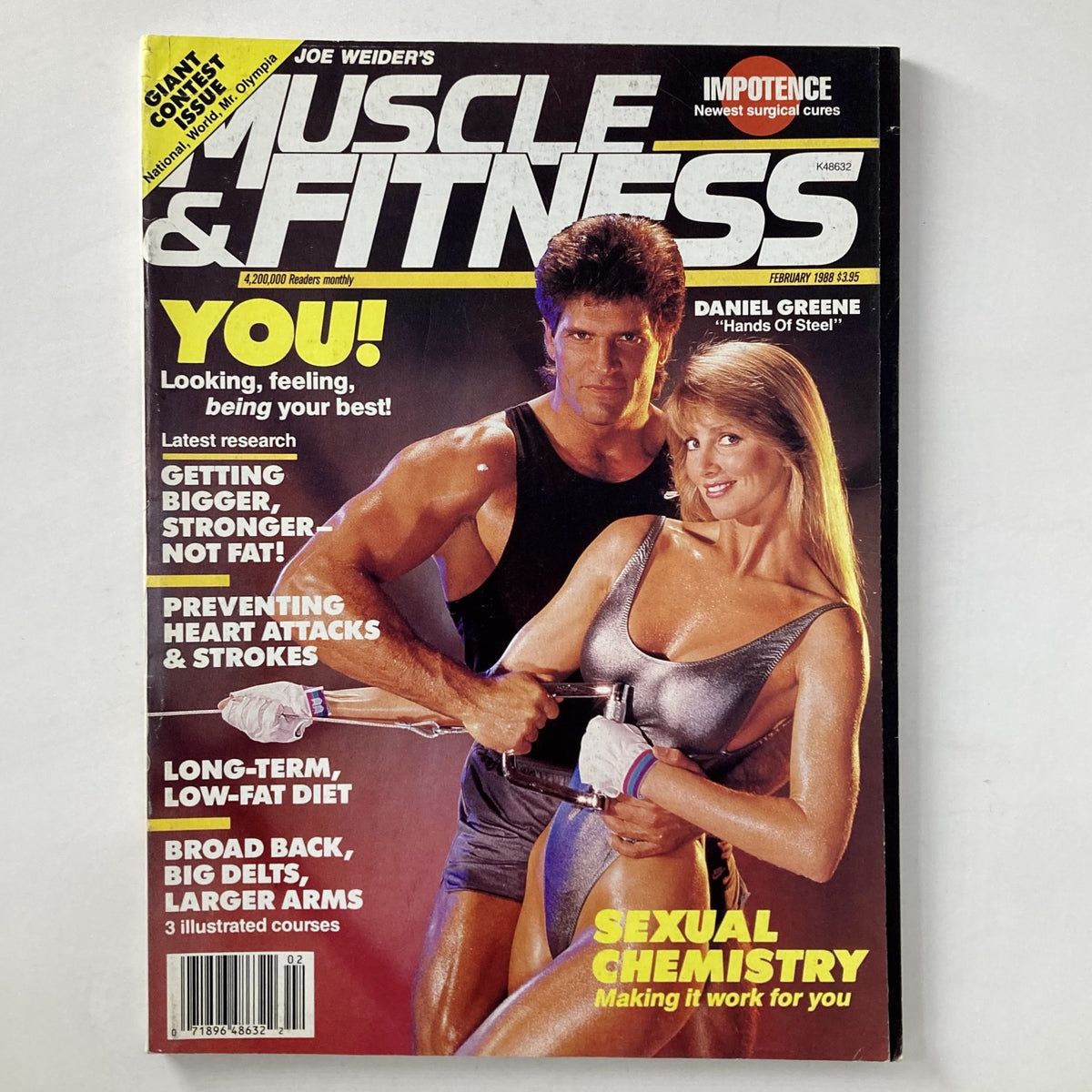 Cover of Joe Weider's Muscle & Fitness Magazine February 1988 featuring bodybuilders Daniel Greene and Gail Smith, highlighting fitness and bodybuilding themes.