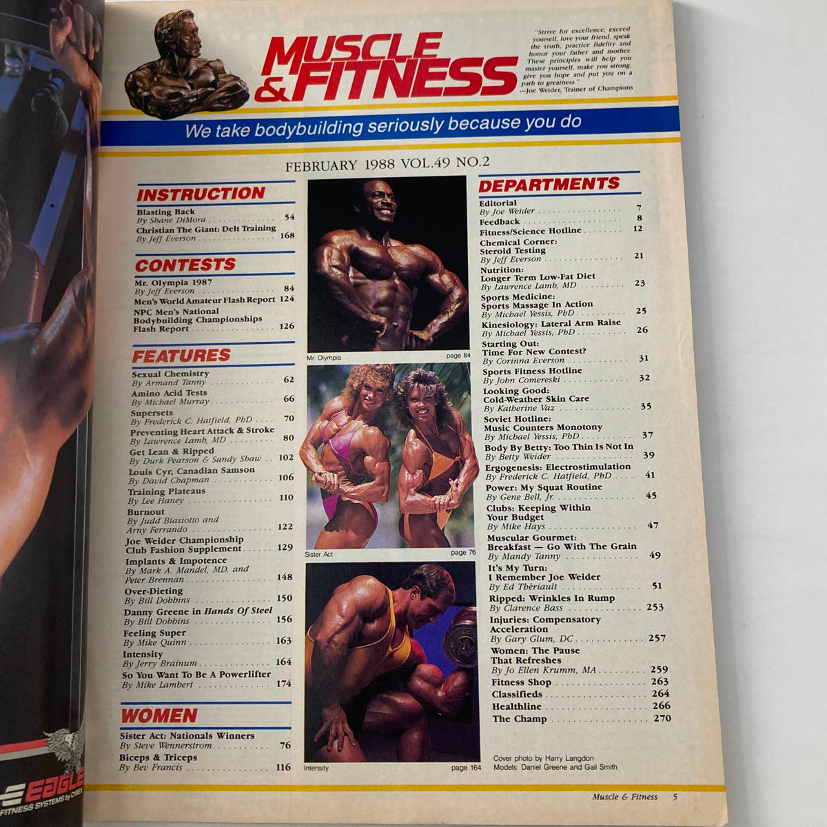 Inside page of Joe Weider's Muscle & Fitness Magazine February 1988, displaying the table of contents and notable fitness articles and features.