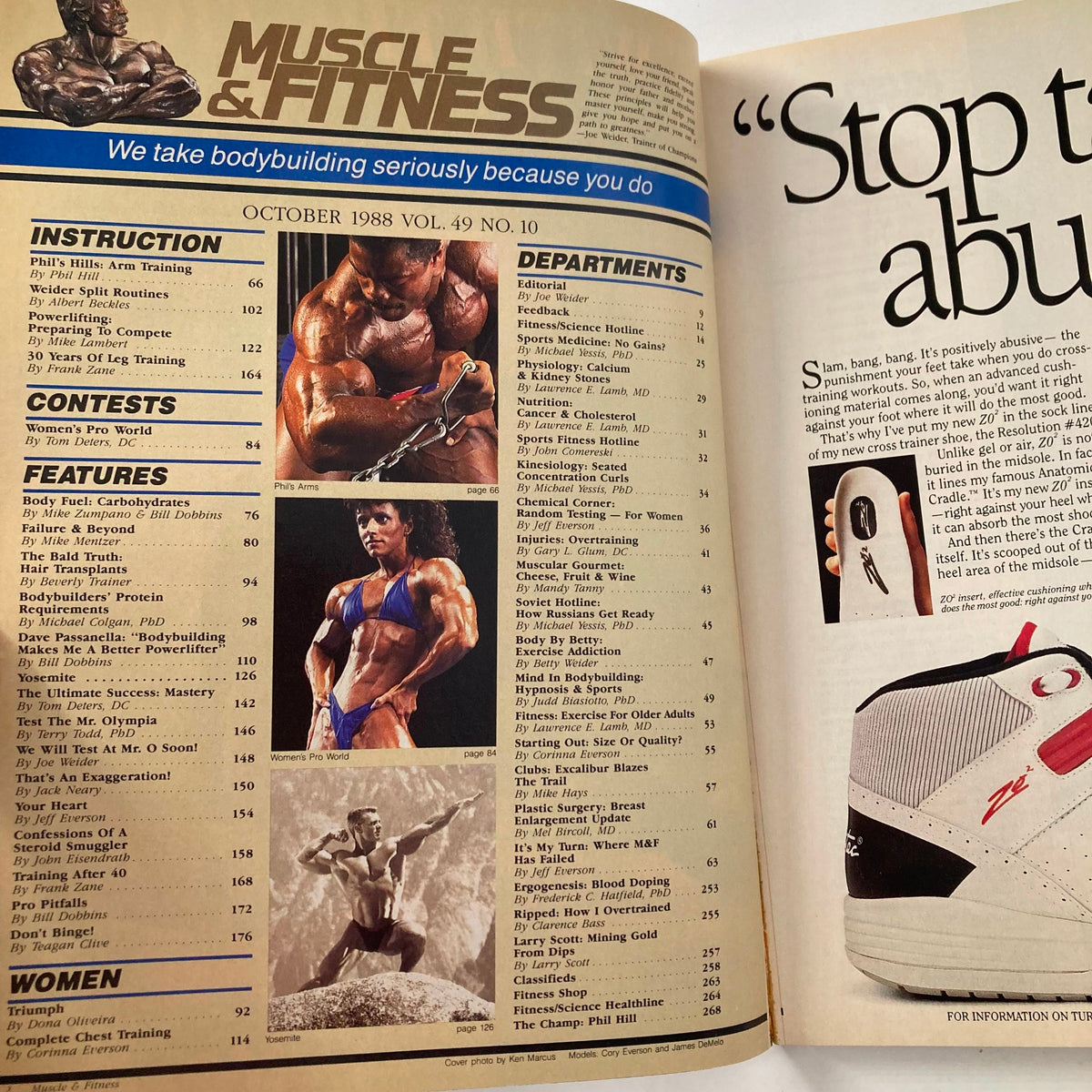 Interior page of Joe Weider's Muscle & Fitness Magazine, October 1988, illustrating bodybuilding articles, instruction sections, contests, and features highlighting athletes and workouts.