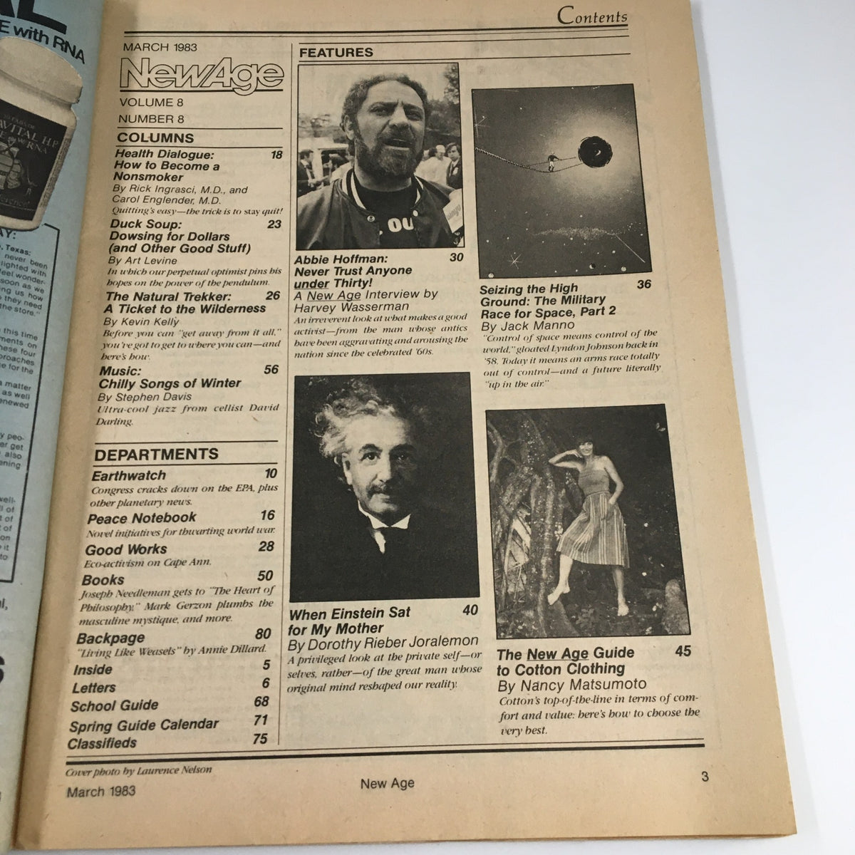 Contents page of VTG NewAge Magazine March 1983, featuring articles including 'Abbie Hoffman: Never Trust Anyone Under Thirty' and images related to youth culture and iconic figures like Einstein.