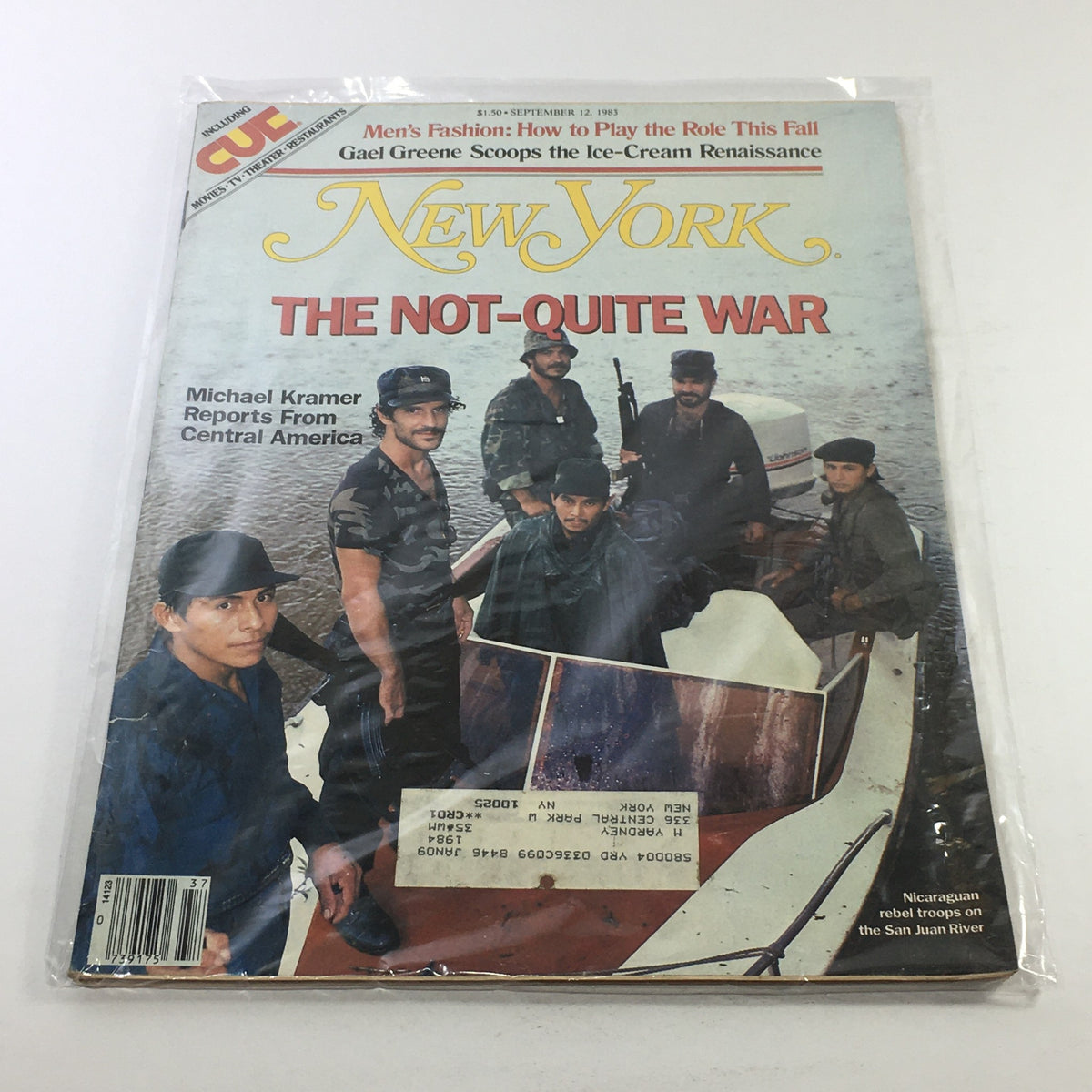 Cover of New York Magazine from September 12, 1983, featuring the title 'The Not-Quite War' by Michael Kramer. The image includes a group of Nicaraguan rebel troops positioned on a boat in the San Juan River, showcasing their military attire and the natural environment of Central America.