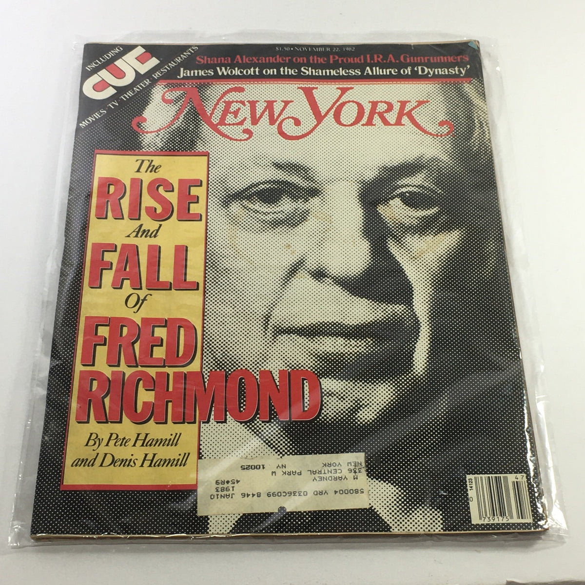 Cover of New York Magazine from November 22, 1982 featuring the title 'The Rise and Fall of Fred Richmond' by Pete Hamill and Denis Hamill, with a close-up image of a man's face and bold red text. This vintage magazine includes articles by Shana Alexander and James Wolcott.