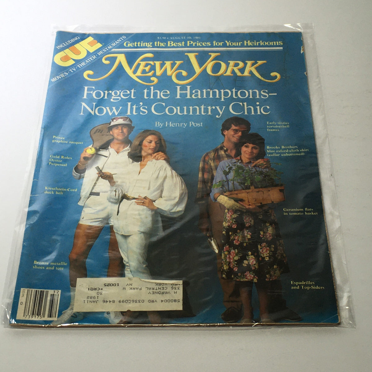 Cover of New York Magazine, August 10, 1981 - Forget The Hamptons Now It's Country Chic, showcasing a group of people in country-themed attire with a vibrant blue background.