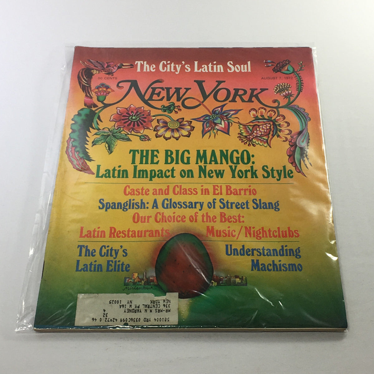 Cover of New York Magazine from August 7, 1972, titled 'The Big Mango: Latin Impact on New York Style'. Features colorful artwork and highlights articles on Latin culture in New York, including topics like restaurants and nightlife.