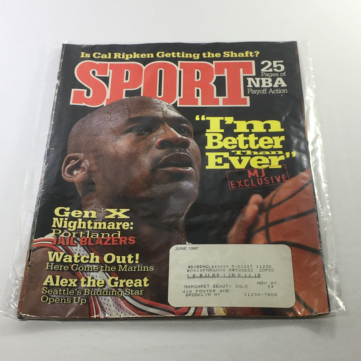 Sport Magazine cover from June 1997 featuring Michael Jordan with the headline 'I Am Better Than Ever'. Includes additional articles about sports and a visible address label.