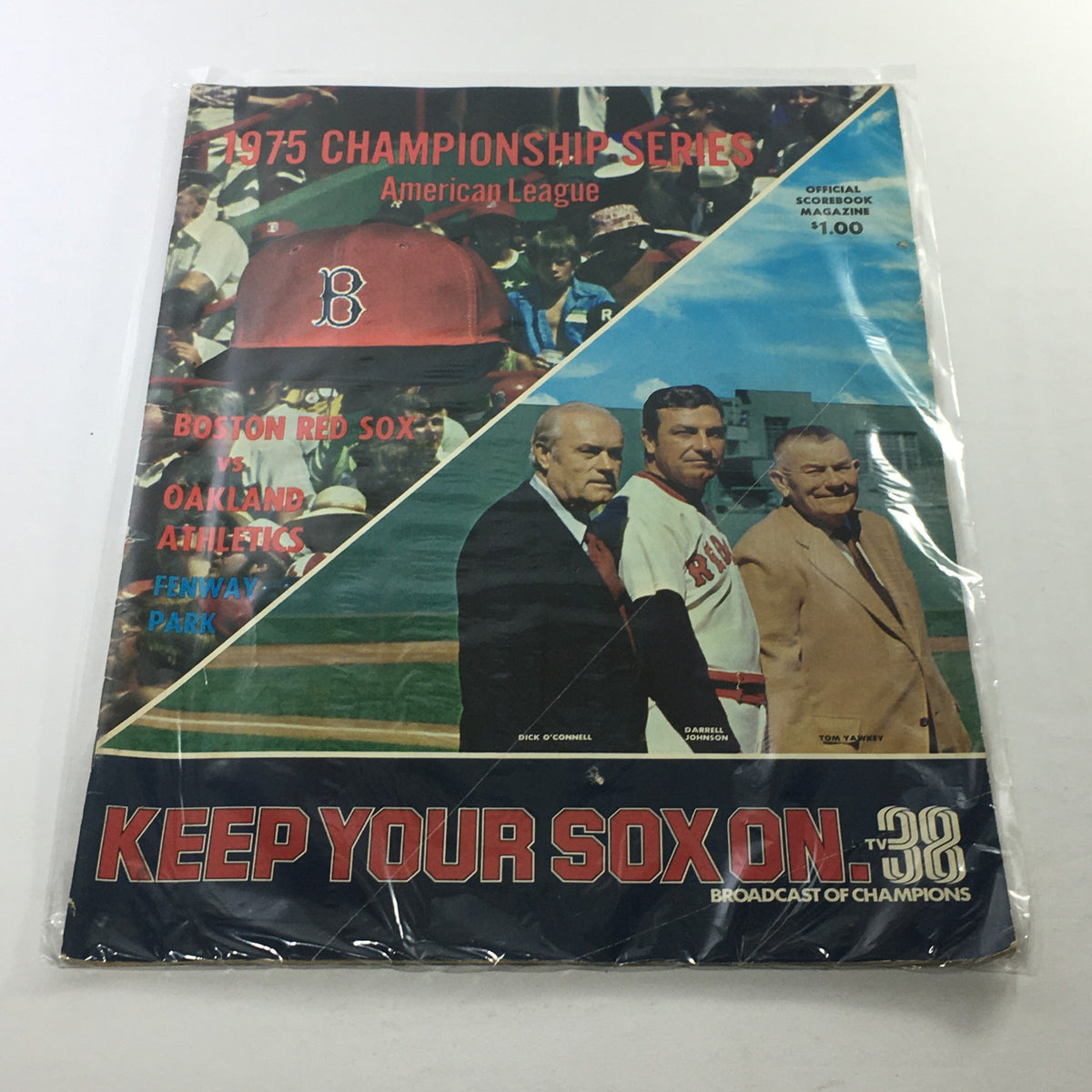 1975 Championship Series American League featuring Boston Red Sox vs Oakland Athletics program cover in protective plastic. The image showcases a vibrant design highlighting key elements of the championship, including team logos and featured players.