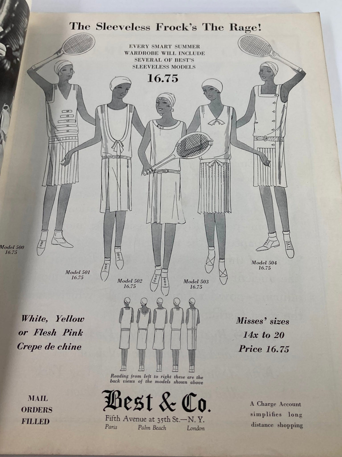 Interior page of VTG Vogue Magazine June 8 1929 featuring an illustration of sleeveless summer frocks and pricing, showcasing fashion trends of the time.