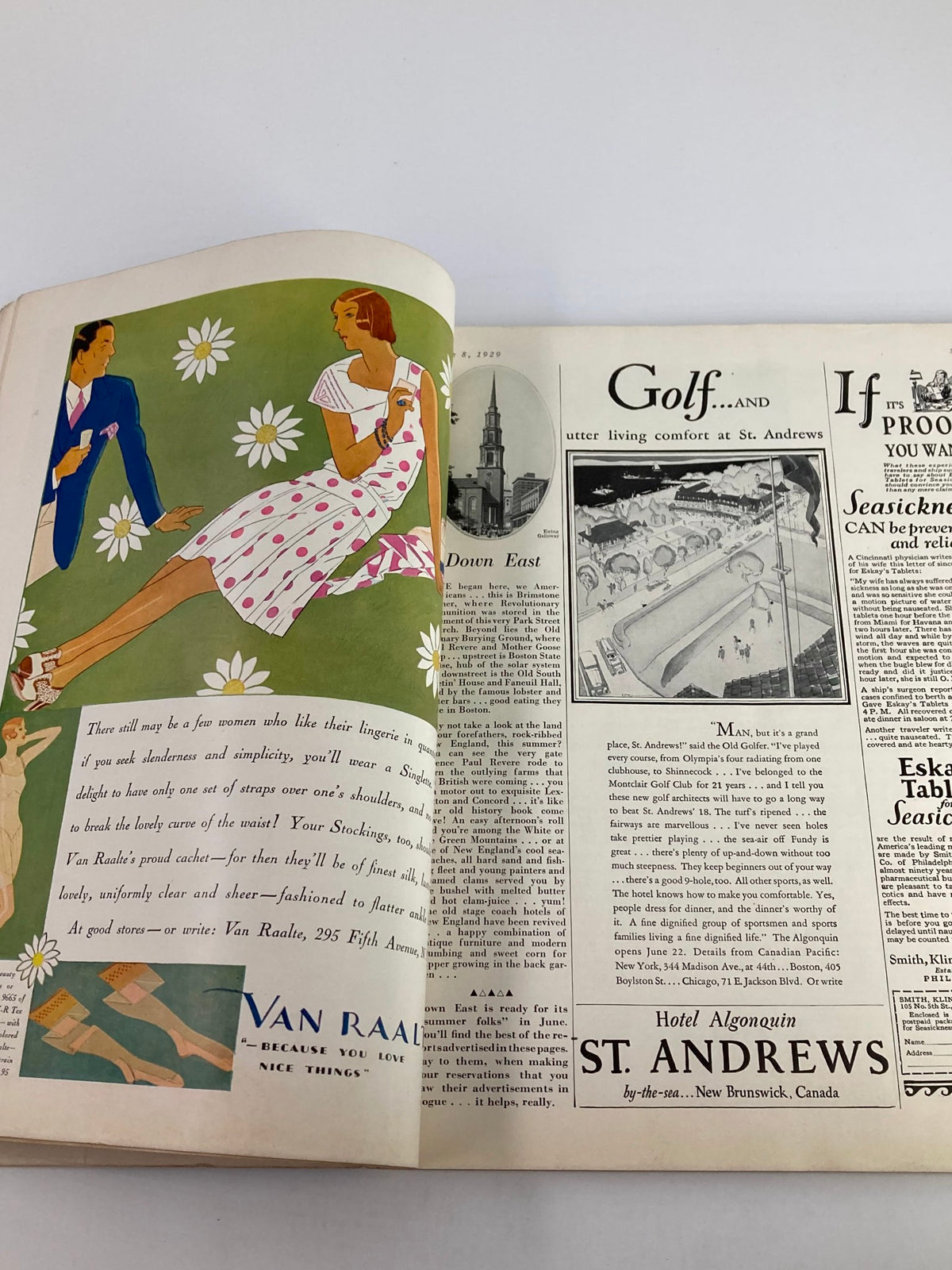 Interior page of VTG Vogue Magazine June 8 1929 displaying a colorful advertisement for golf-themed attire and summer fashion, showcasing vibrant illustrations.