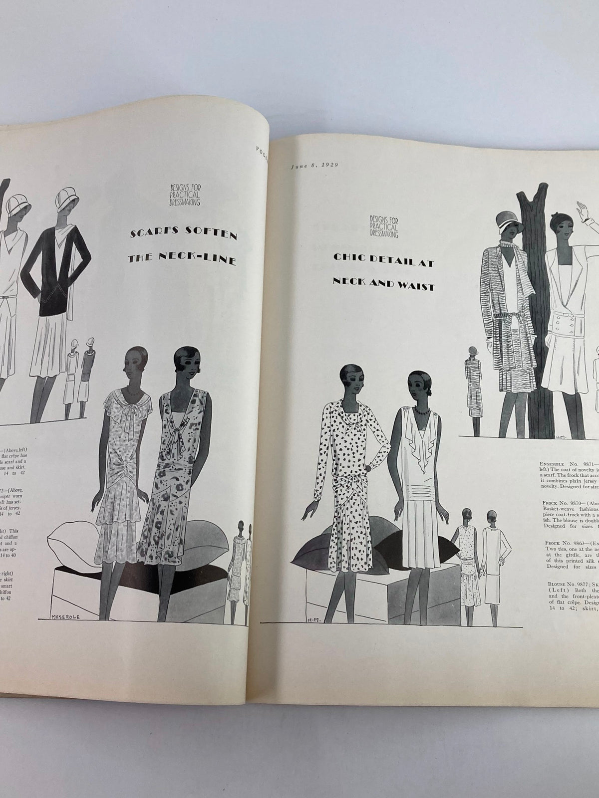 Interior page of VTG Vogue Magazine June 8 1929 presenting fashion illustrations that showcase chic details in necklines and waistlines of the era's dresses.