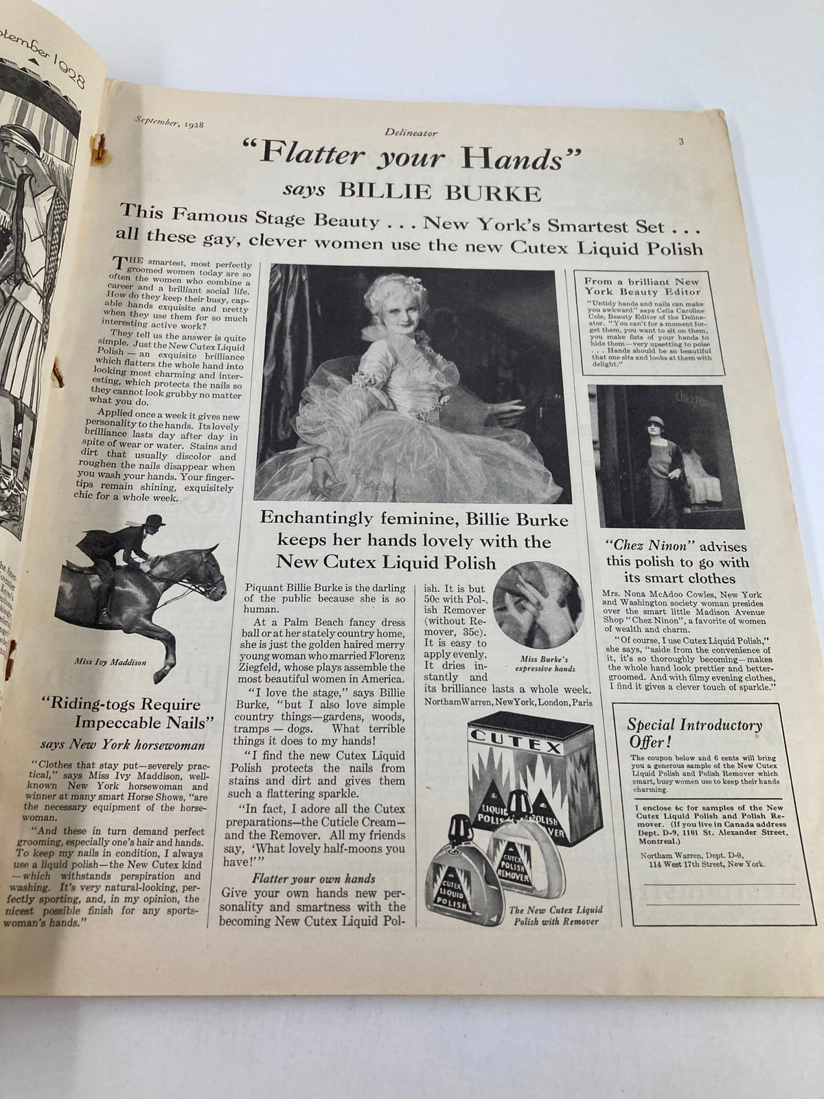 Interior page of VTG Delineator Magazine from November 1928 featuring an advertisement for Cutex Liquid Polish, with a photo of Billlie Burke and other elegant women.