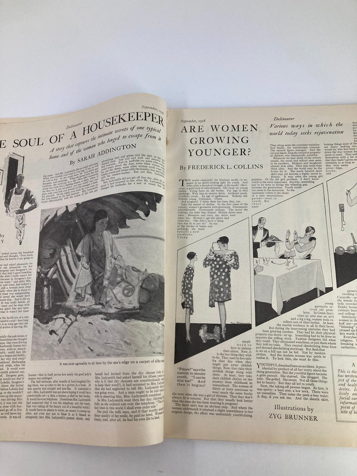 Interior page of VTG Delineator Magazine from September 1928 discussing housekeeping, featuring illustrations by Zyg Brunner and written by Sarah Addington.