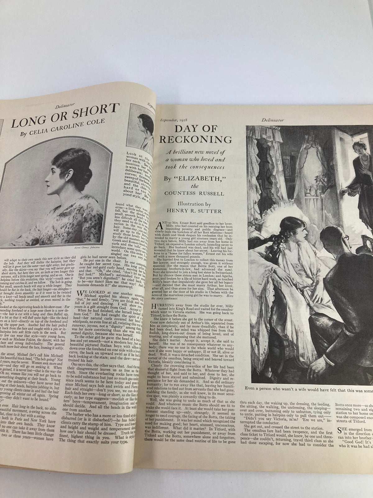 Interior page of VTG Delineator Magazine November 1928 by Helen Dryden featuring an article titled 'Long or Short' by Celia Caroline Cole.